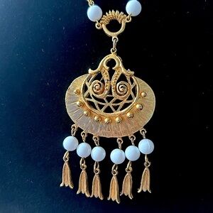 Vintage LJM Signed Art Deco Necklace Gold Tone Beaded Dangling Flowers 24”